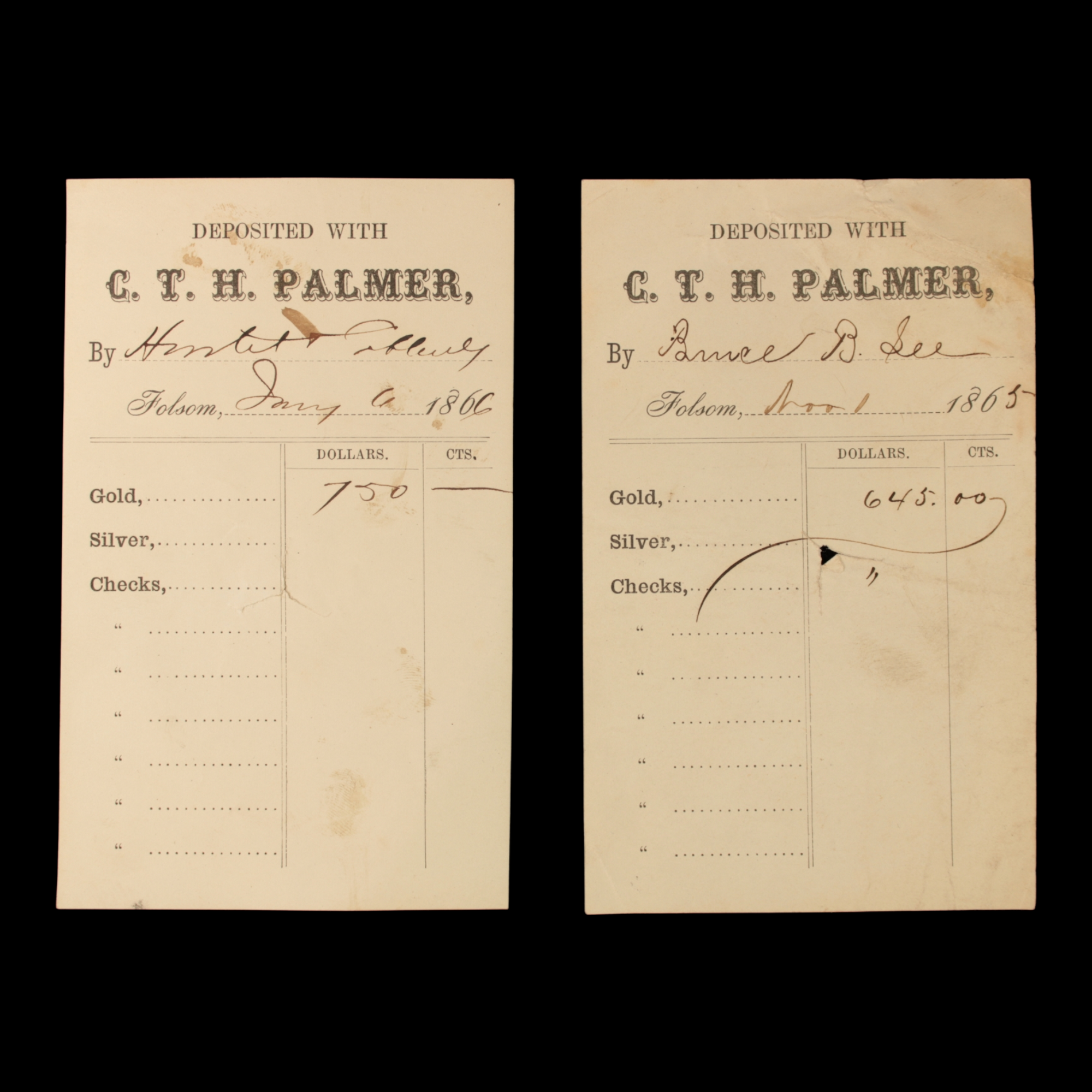 Gold Deposit Slips, C.T.H. Palmer - 1865 to 1866