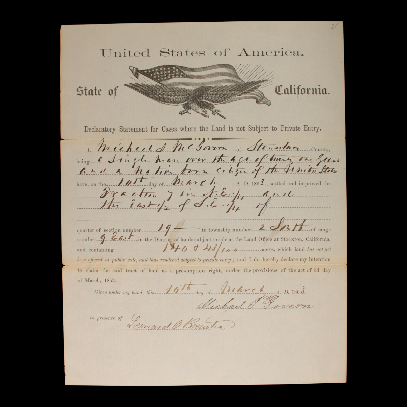 Declaratory Statement Form #1 (For Land Settlement) - 1863