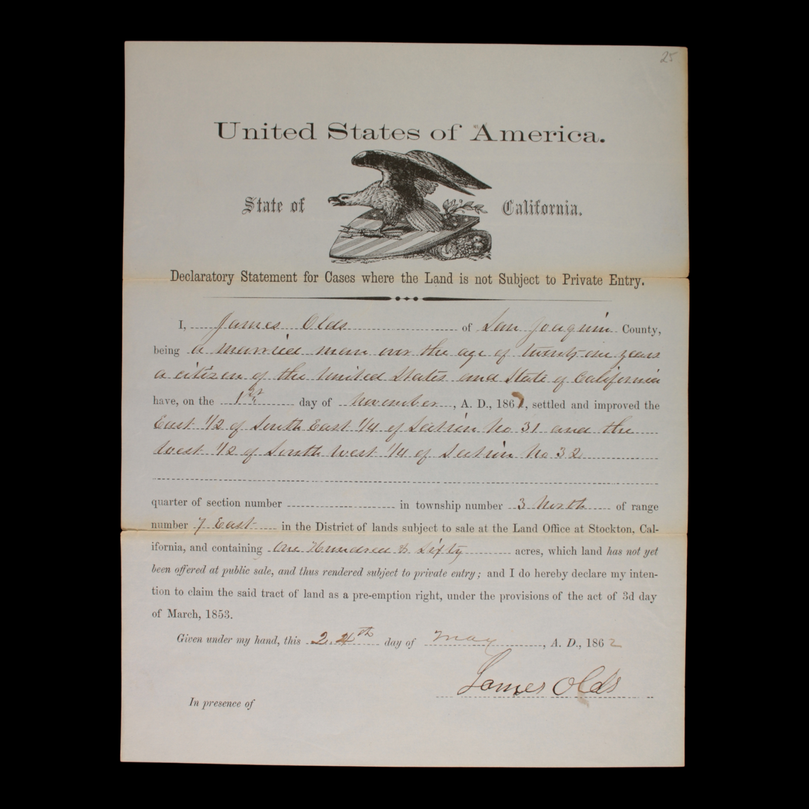 Declaratory Statement Form #2 (For Land Settlement) - 1862