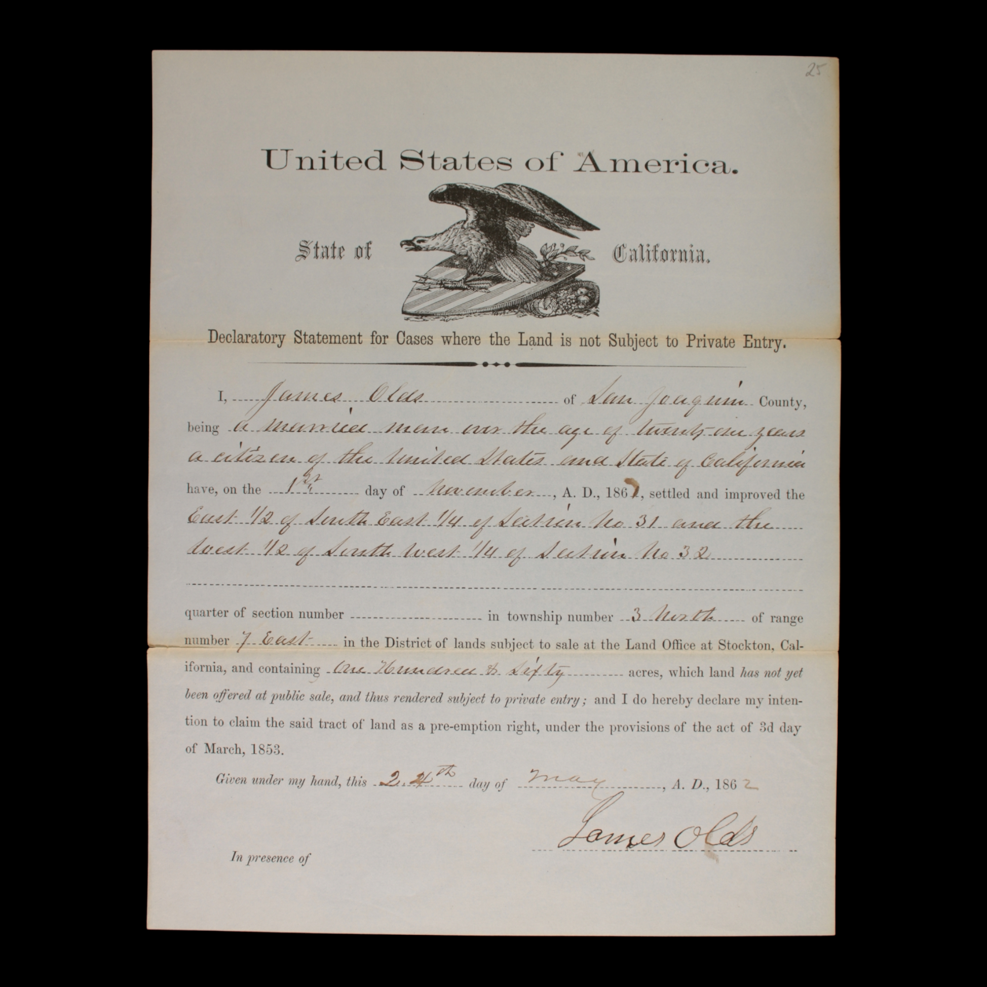 Declaratory Statement Form #2 (For Land Settlement) - 1862