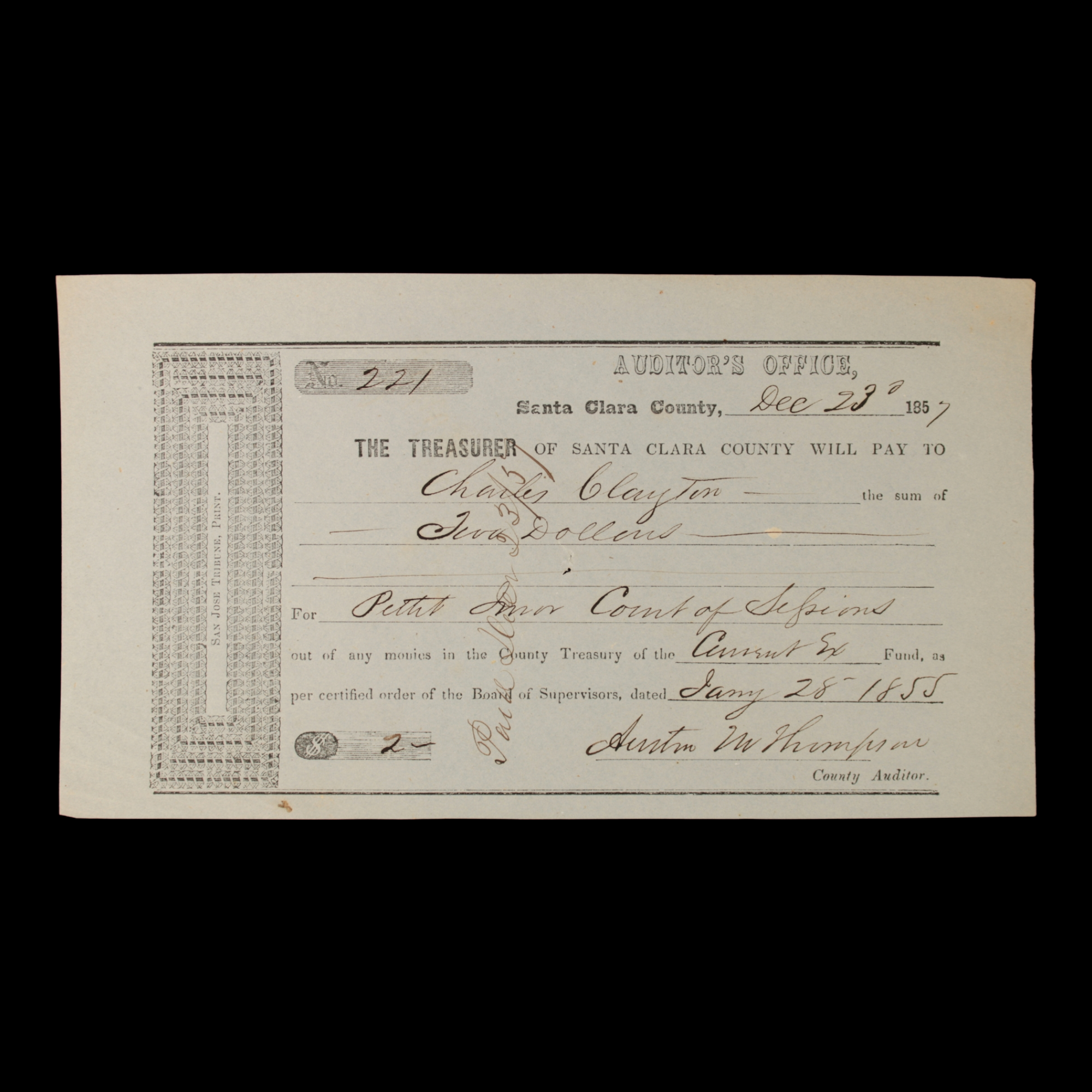 Santa Clara County Auditor Checks - 1855 to 1858