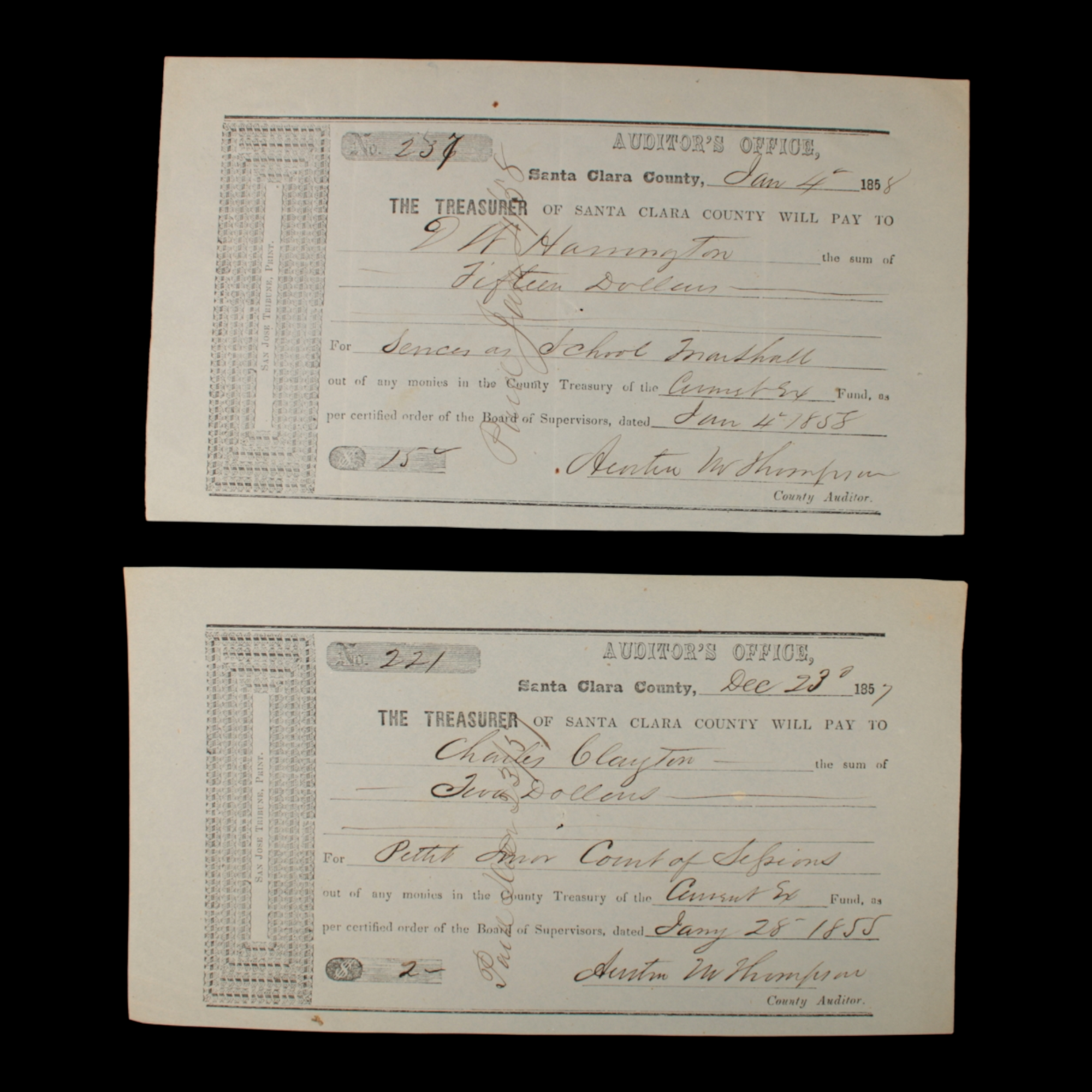 Santa Clara County Auditor Checks - 1855 to 1858