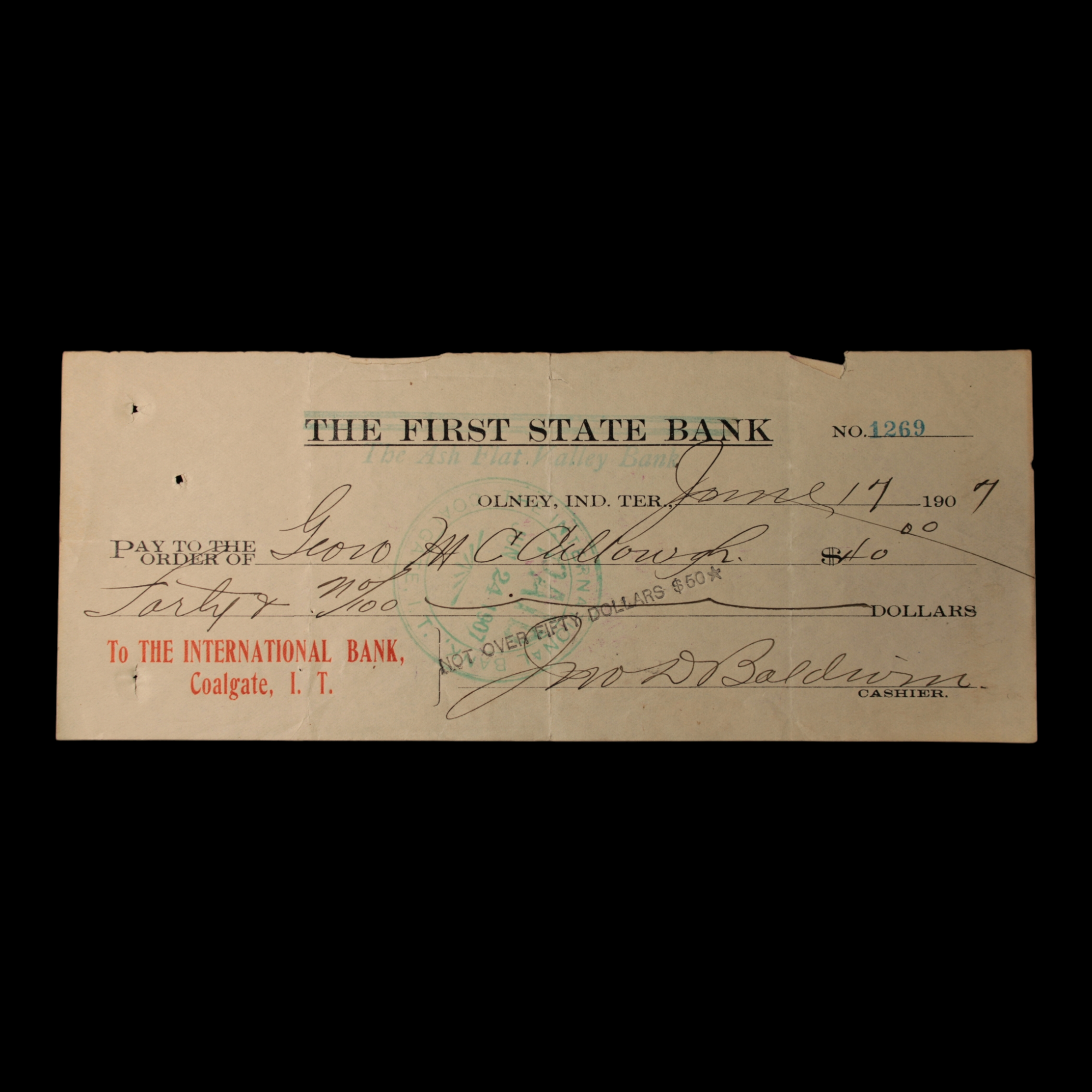 U.S. Indian Territory Check (#1) - 1907