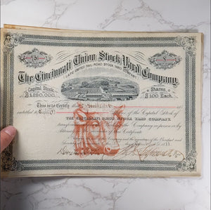 Cincinnati Union Stock Yard Co. Stock Certificate - 1880's - Meatpacking Industry