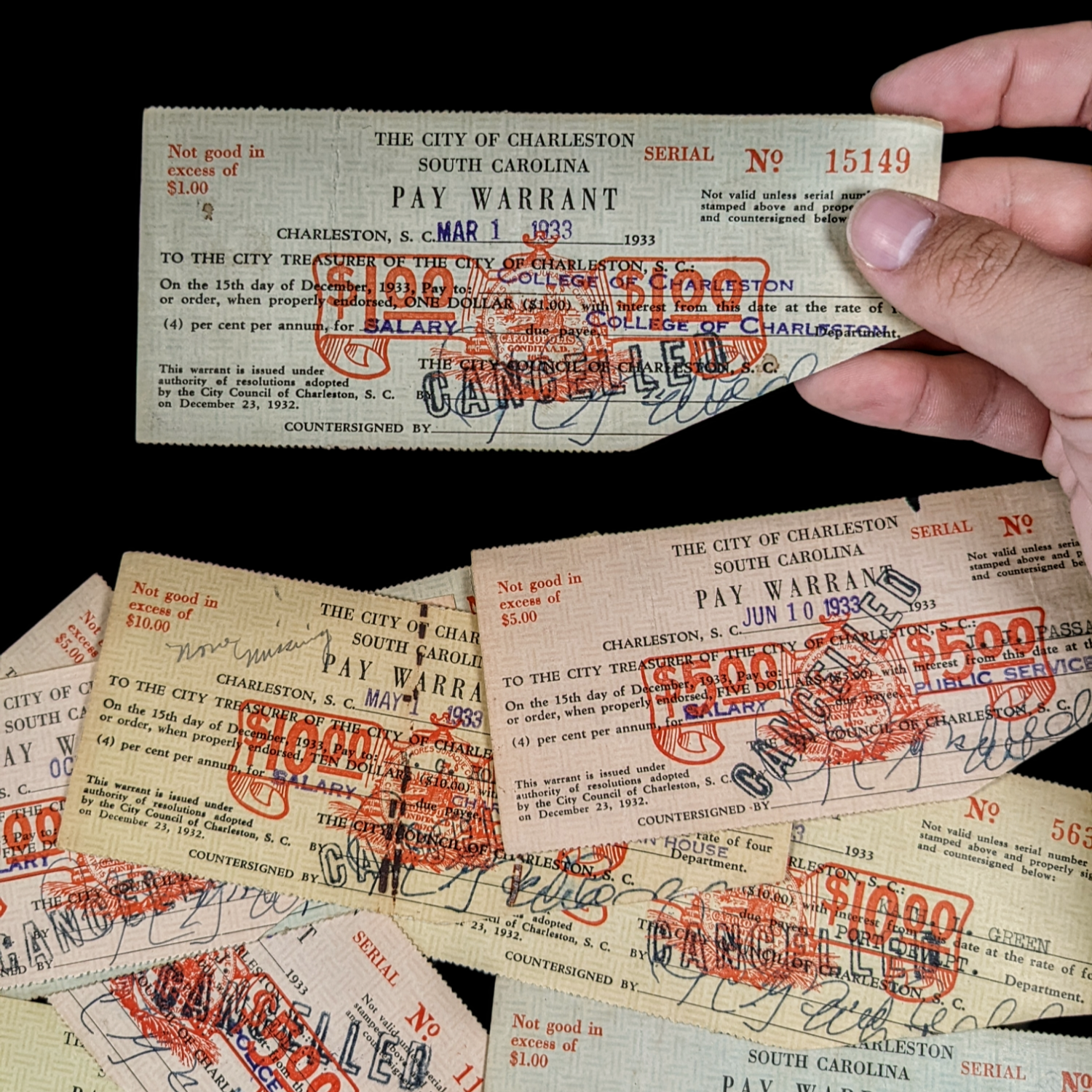 Great Depression Pay Warrants - 1930's - South Carolina, USA