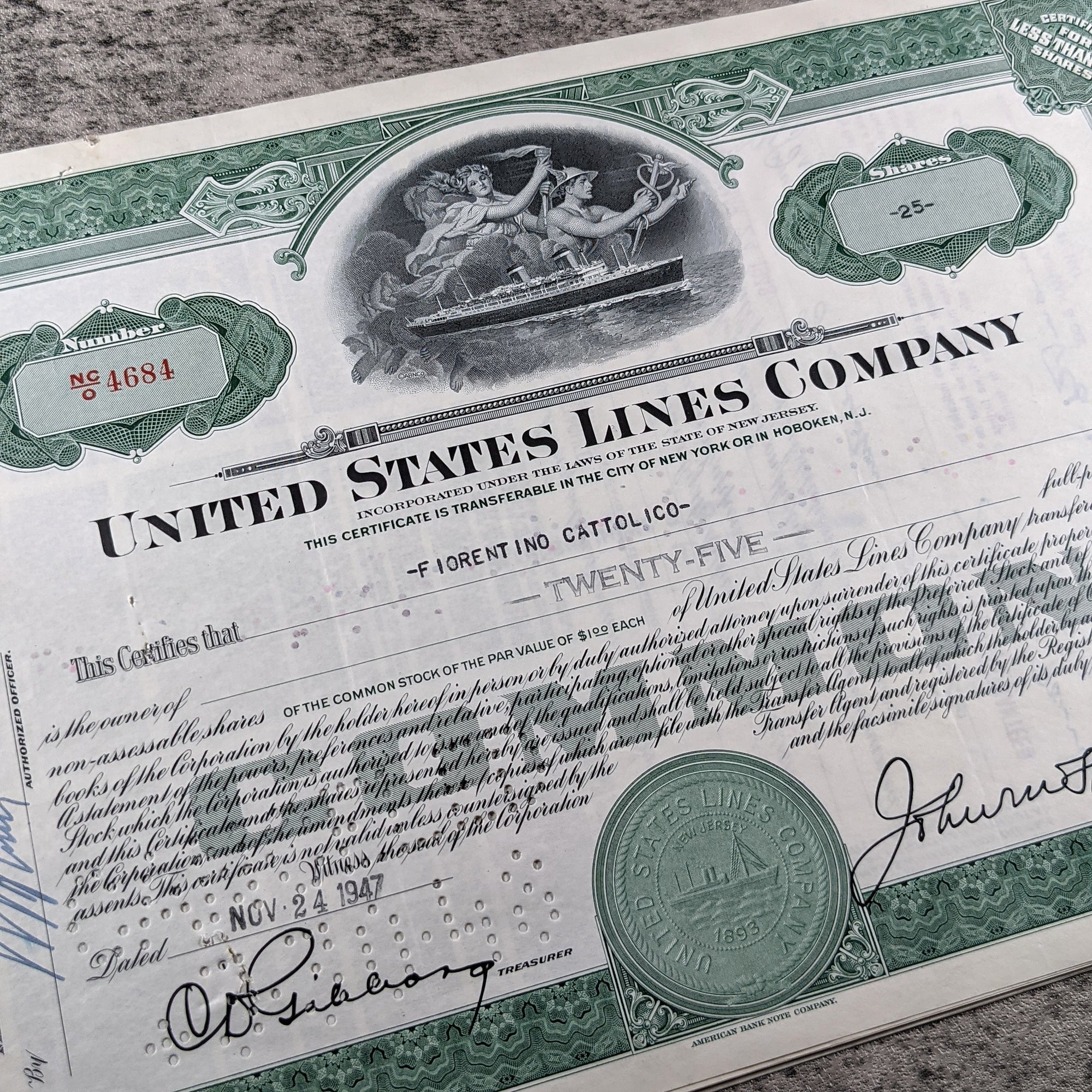 United States Lines Company Stock Certificate - 1940's - Passenger Ships