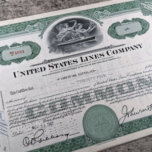 United States Lines Company Stock Certificate - 1940's - Passenger Ships