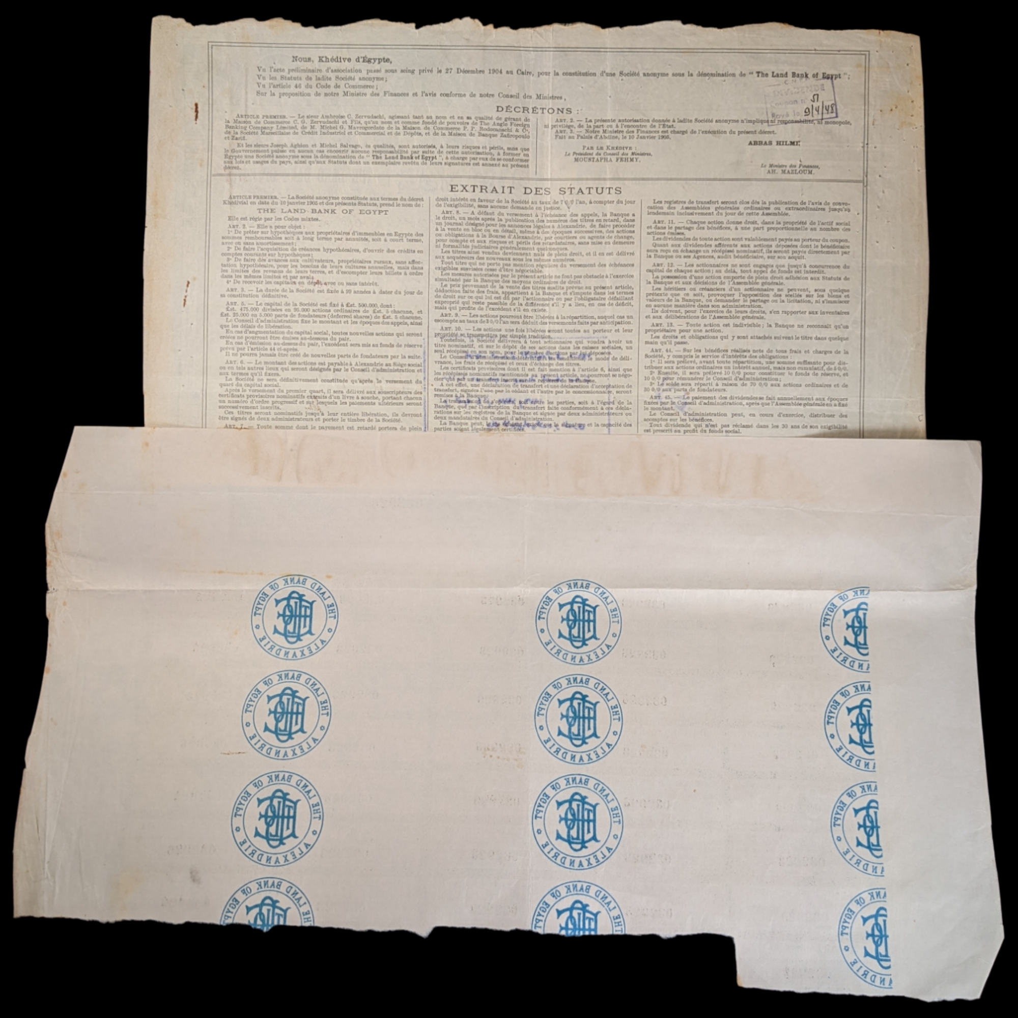 Land Bank of Egypt Stock Certificate - 1905 - Alexandria, Egypt