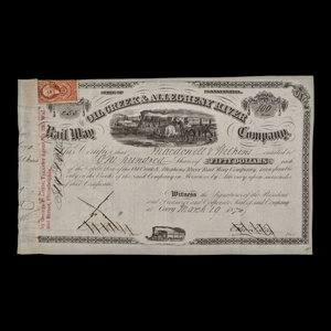 Oil Creek & Allegheny River Railroad Stock Certificate - 1870's - Pennsylvania, USA