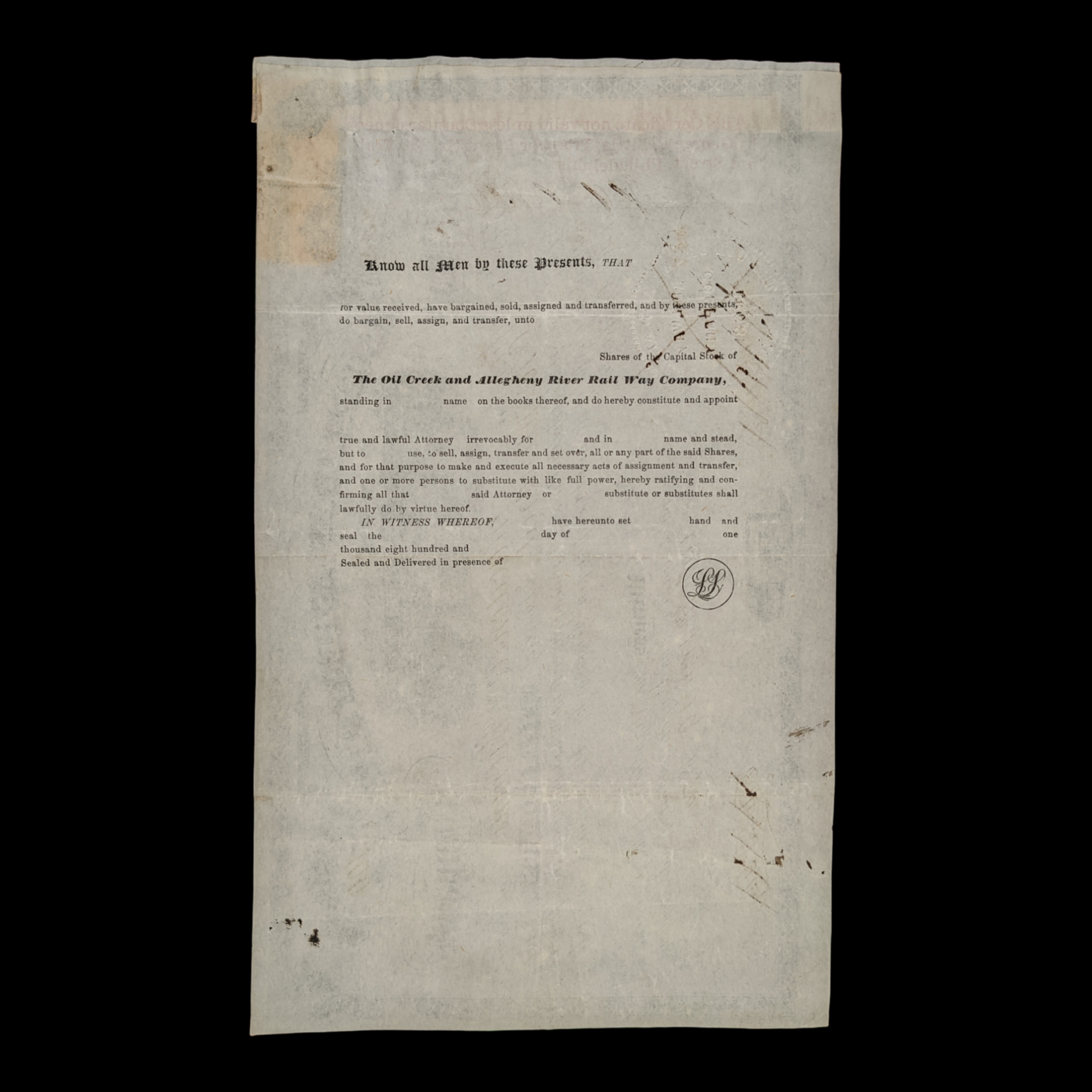 Oil Creek & Allegheny River Railroad Stock Certificate - 1870's - Pennsylvania, USA