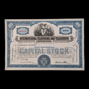 International Telephone & Telegraph (ITT) Stock Certificate - 1940's - New York, NY
